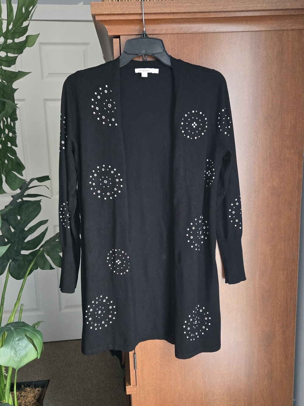Chico's Black Open-Front Cardigan with Silver Stud Circles